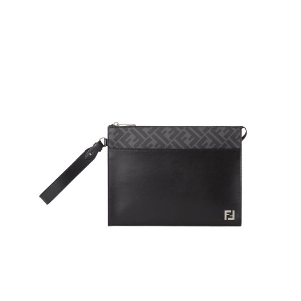 Pochette FENDI Squared FF cuir toile FF noir gris dragonne