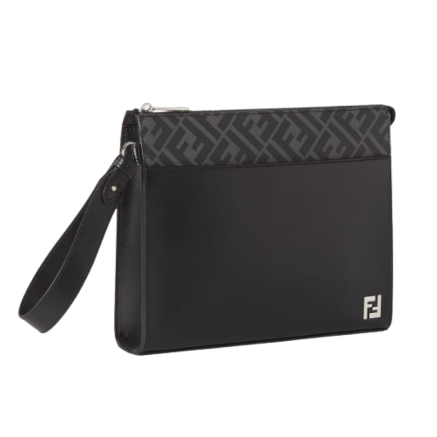 Pochette FENDI Squared FF cuir toile FF noir gris dragonne
