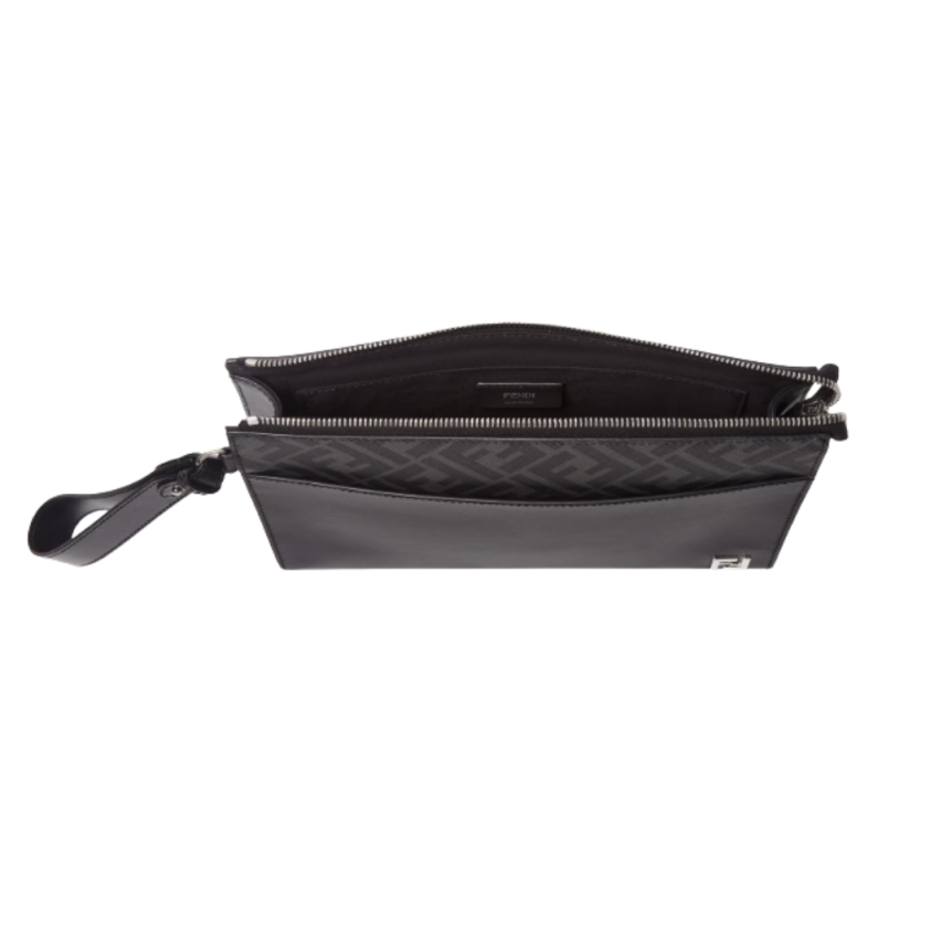 Pochette FENDI Squared FF cuir toile FF noir gris dragonne