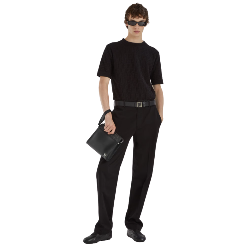 Pochette FENDI Squared FF cuir toile FF noir gris dragonne