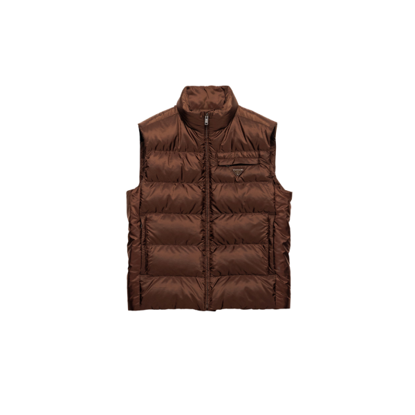 Gilet doudoune sans manche PRADA Re Nylon marron logo triangle métal email