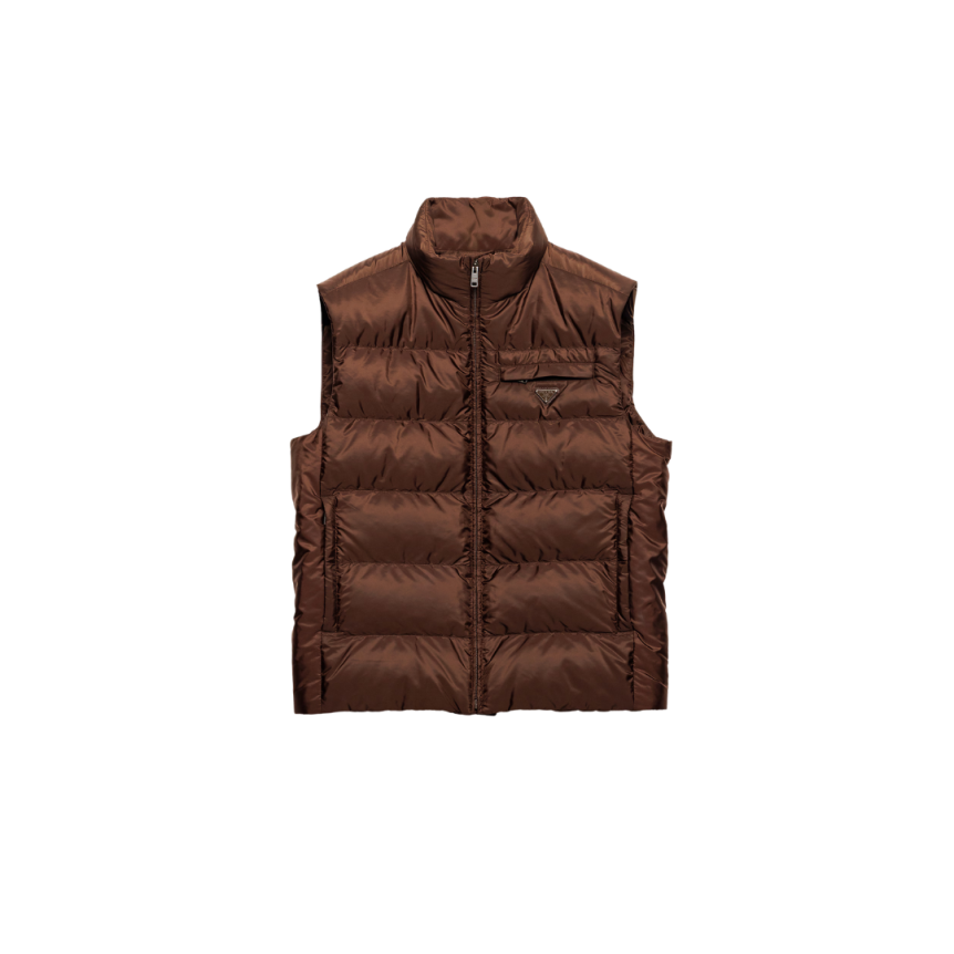 Gilet doudoune sans manche PRADA Re Nylon marron logo triangle métal email