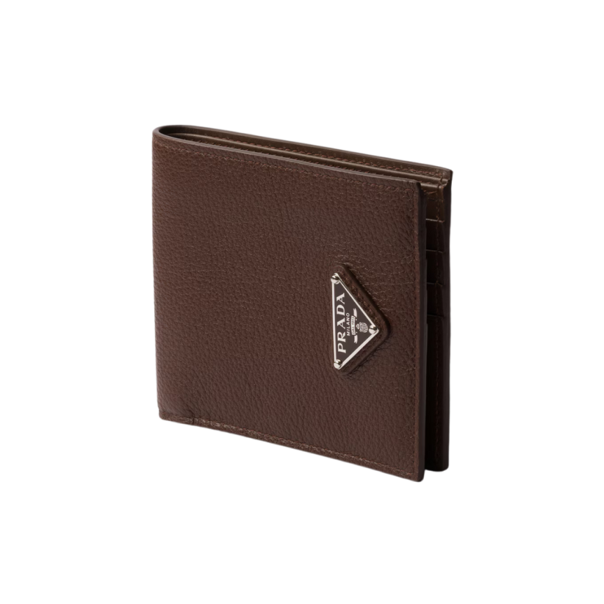 Portefeuille cartes PRADA 2 volets cuir veau grainé marron
