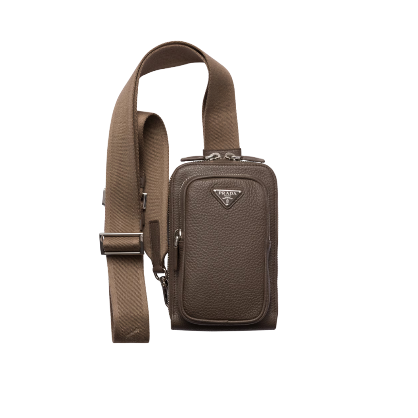 Sacoche Etui PRADA bandoulière smartphone cuir veau grainé marron