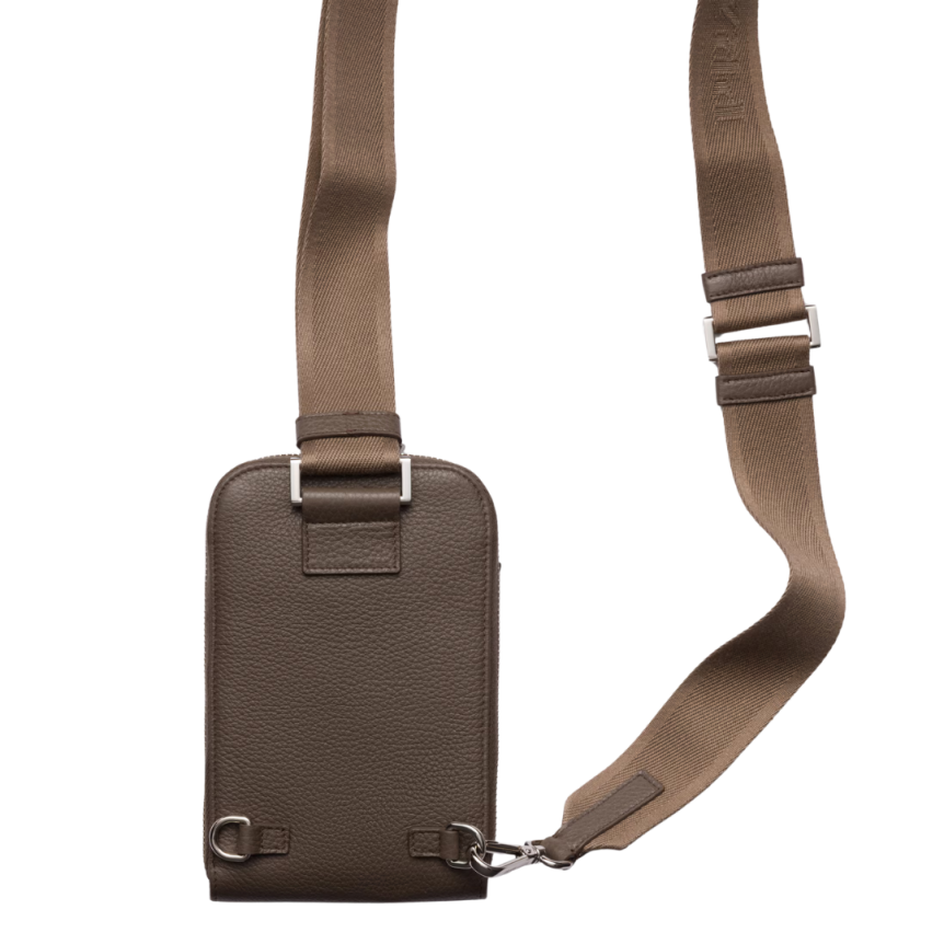 Sacoche Etui PRADA bandoulière smartphone cuir veau grainé marron