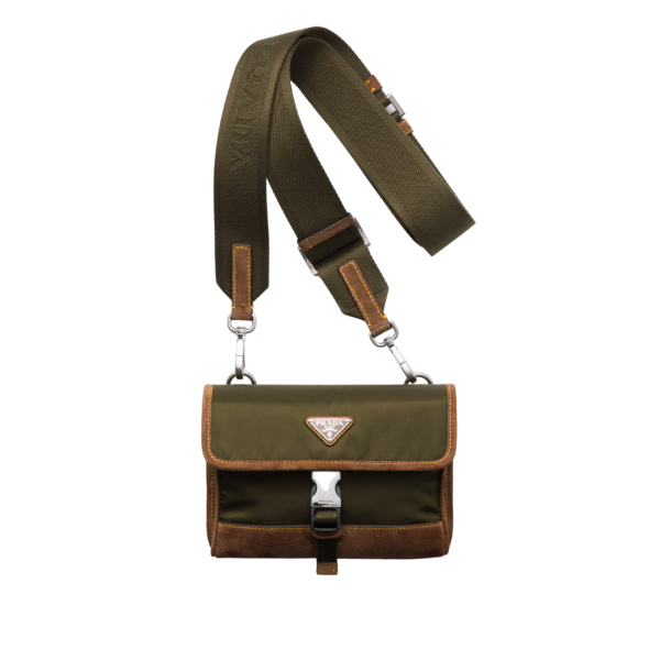 Sac bandoulière PRADA étui smartphone nylon kaki daim marron