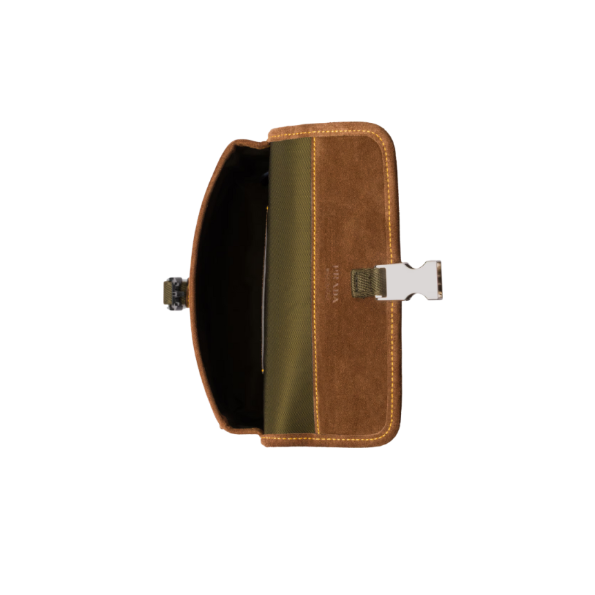 Sac bandoulière PRADA étui smartphone nylon kaki daim marron