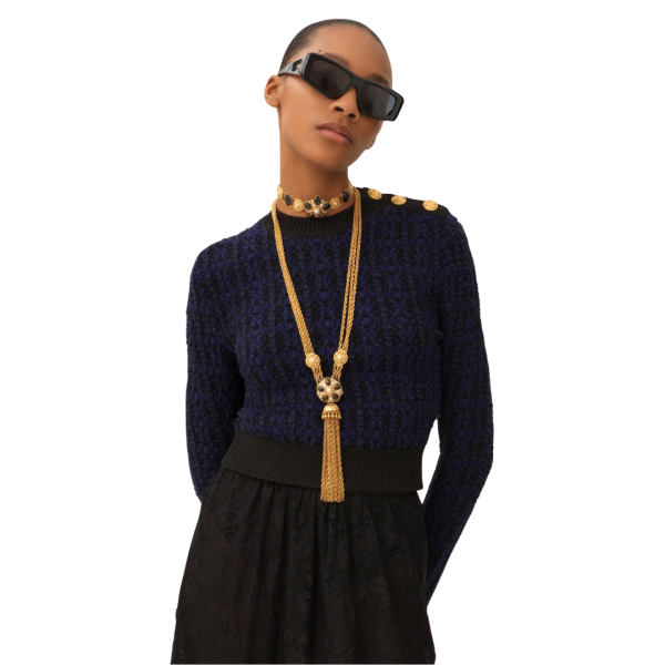 Pull CHLOE col bénitier laine soie noir bleu boutons dorés