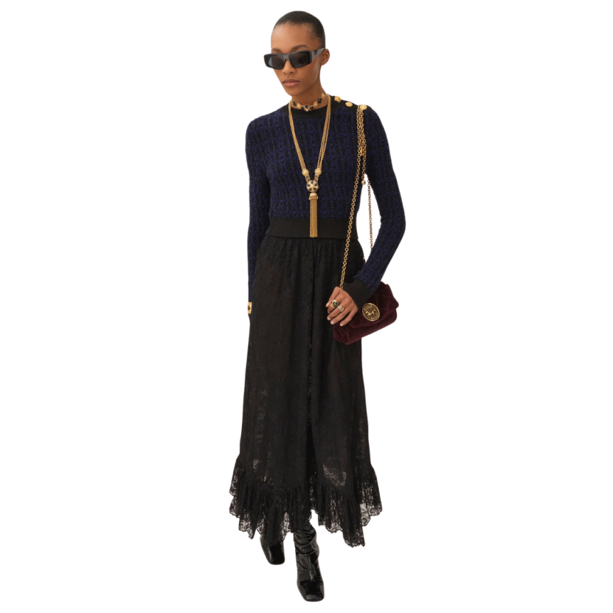 Pull CHLOE col bénitier laine soie noir bleu boutons dorés