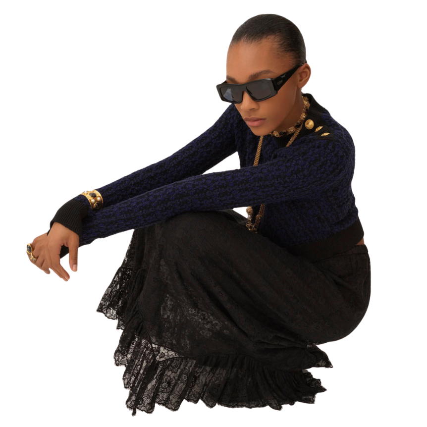 Pull CHLOE col bénitier laine soie noir bleu boutons dorés