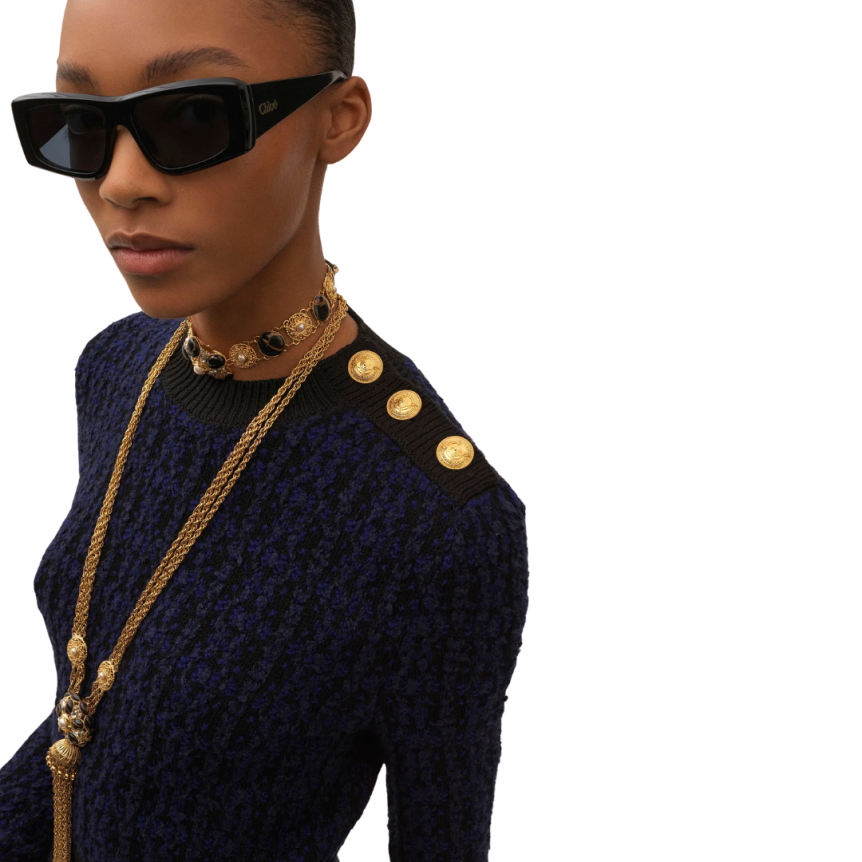 Pull CHLOE col bénitier laine soie noir bleu boutons dorés