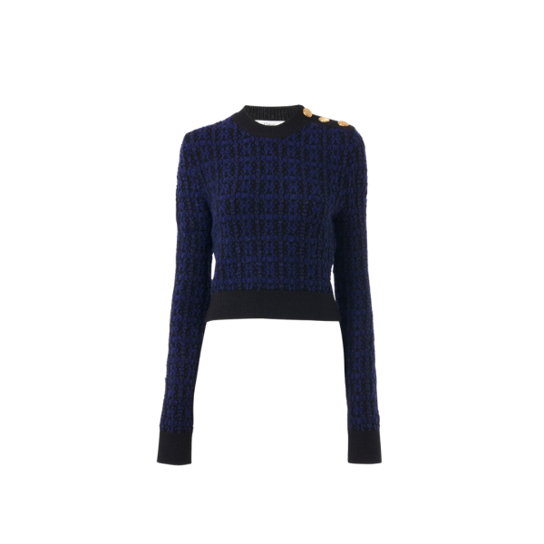 Pull CHLOE col bénitier laine soie noir bleu boutons dorés