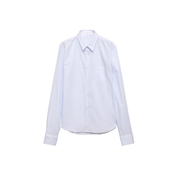 Chemise PRADA coton blanc rayure bleu poche poitrine logo triangle blanc