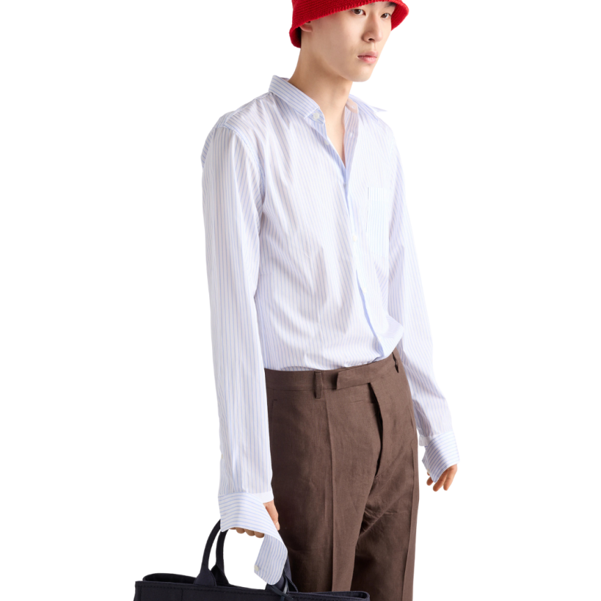 Chemise PRADA coton blanc rayure bleu poche poitrine logo triangle blanc