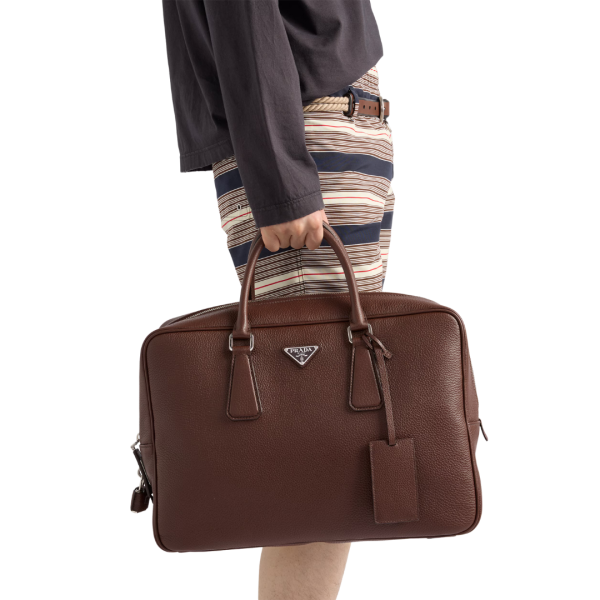 Malette cartable PRADA cuir veau grainé marron