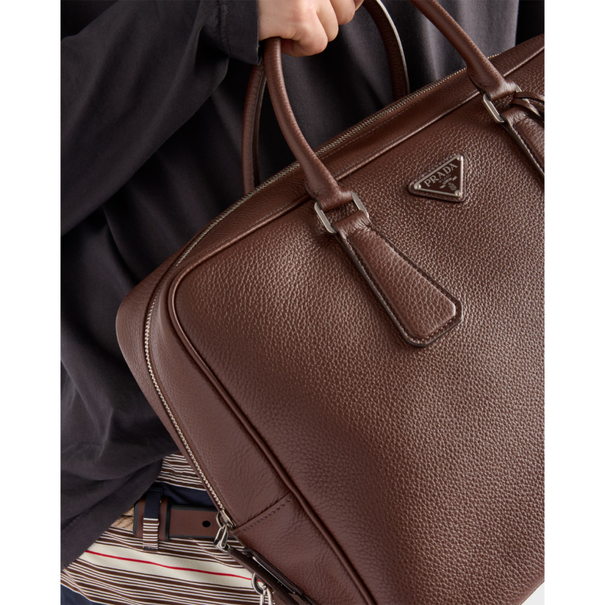 Malette cartable PRADA cuir veau grainé marron