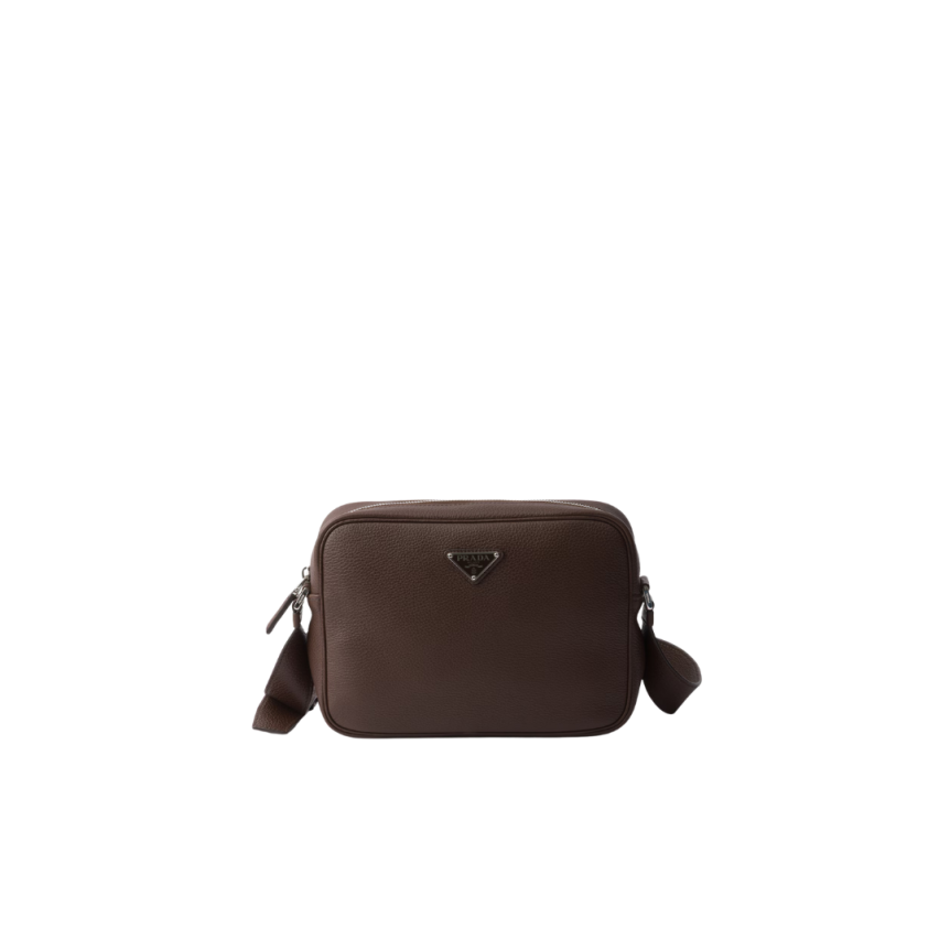 Sac porté épaule PRADA bandoulière rectangle cuir grainé marron logo triangle