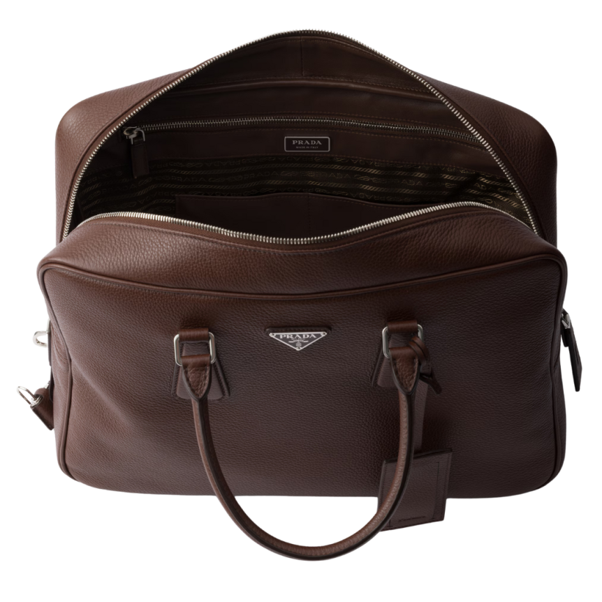 Sac porté épaule PRADA bandoulière rectangle cuir grainé marron logo triangle