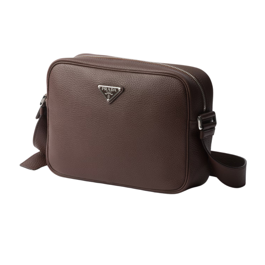 Sac porté épaule PRADA bandoulière rectangle cuir grainé marron logo triangle