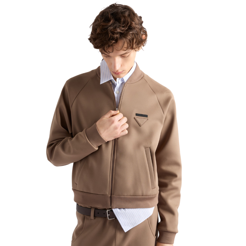 Blouson zippé PRADA bomber nylon stretch polaire technique beige