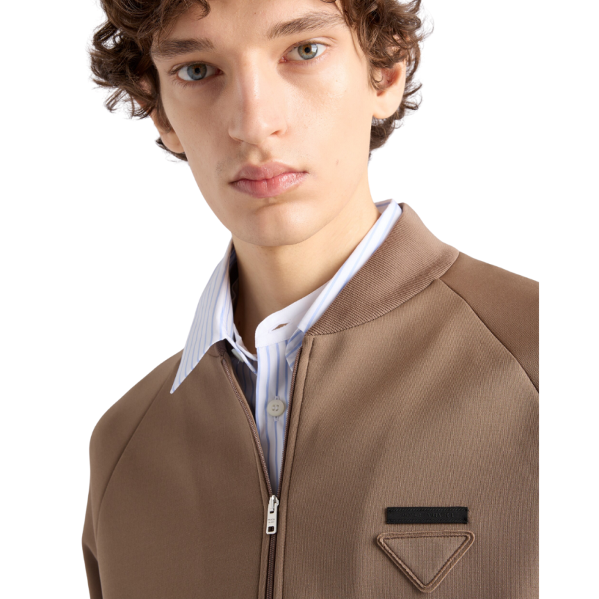 Blouson zippé PRADA bomber nylon stretch polaire technique beige