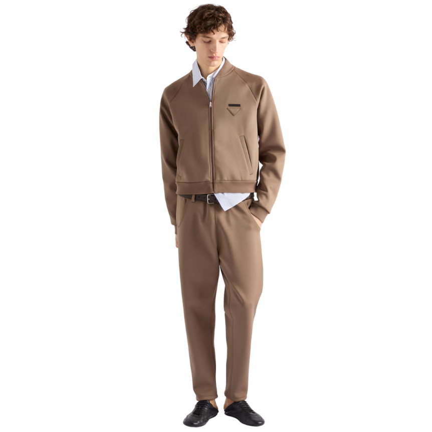 Blouson zippé PRADA bomber nylon stretch polaire technique beige
