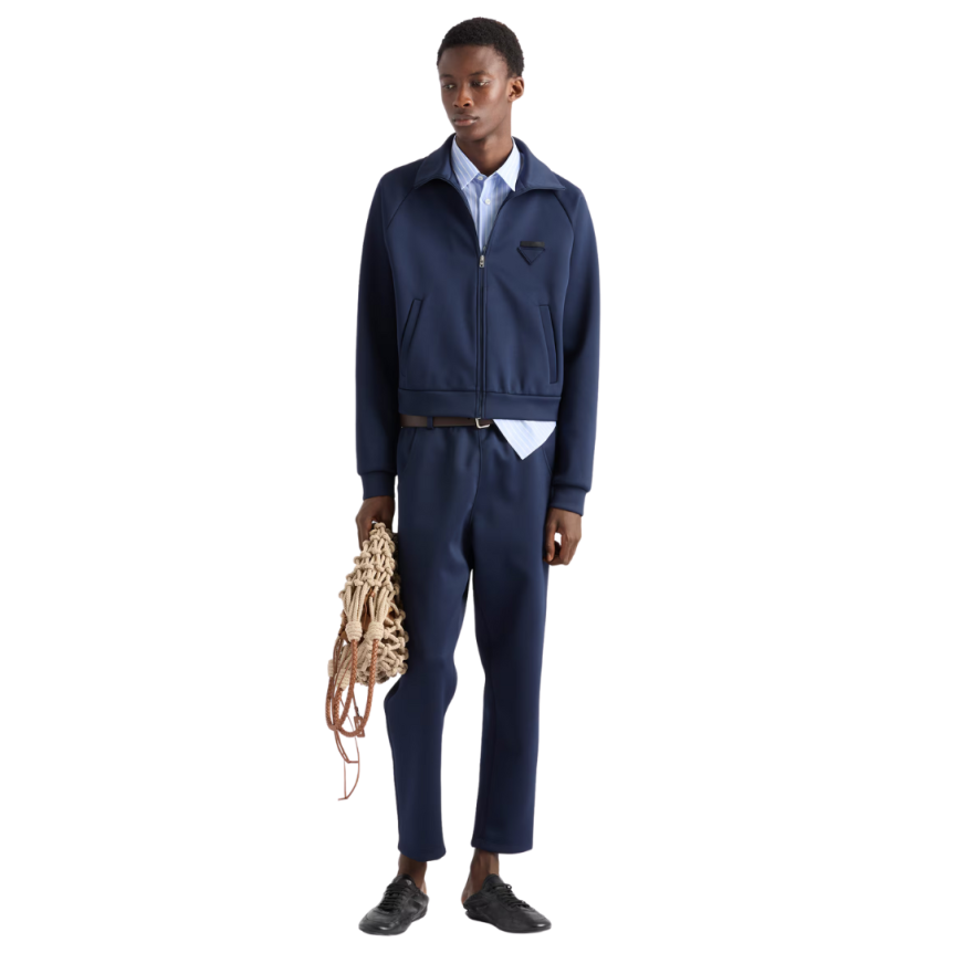 Blouson zippé PRADA bomber nylon stretch polaire technique bleu marine