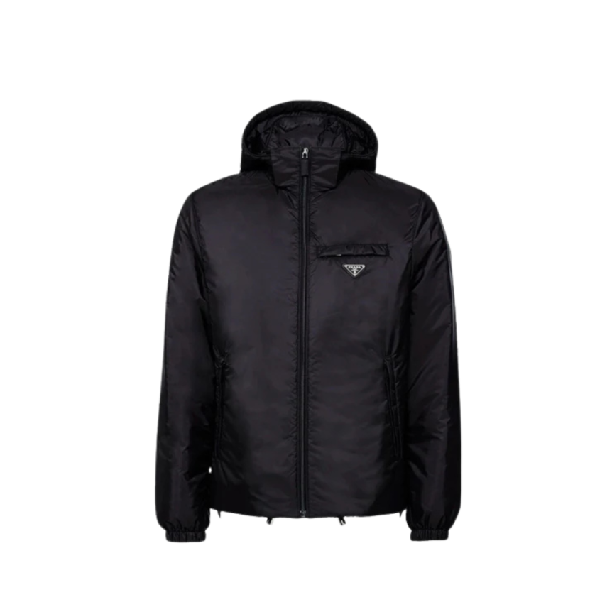 Doudoune matelassée PRADA zippée à capuche nylon noir logo triangle métal email