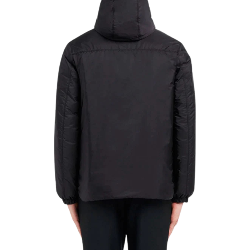 Doudoune matelassée PRADA zippée à capuche nylon noir logo triangle métal email