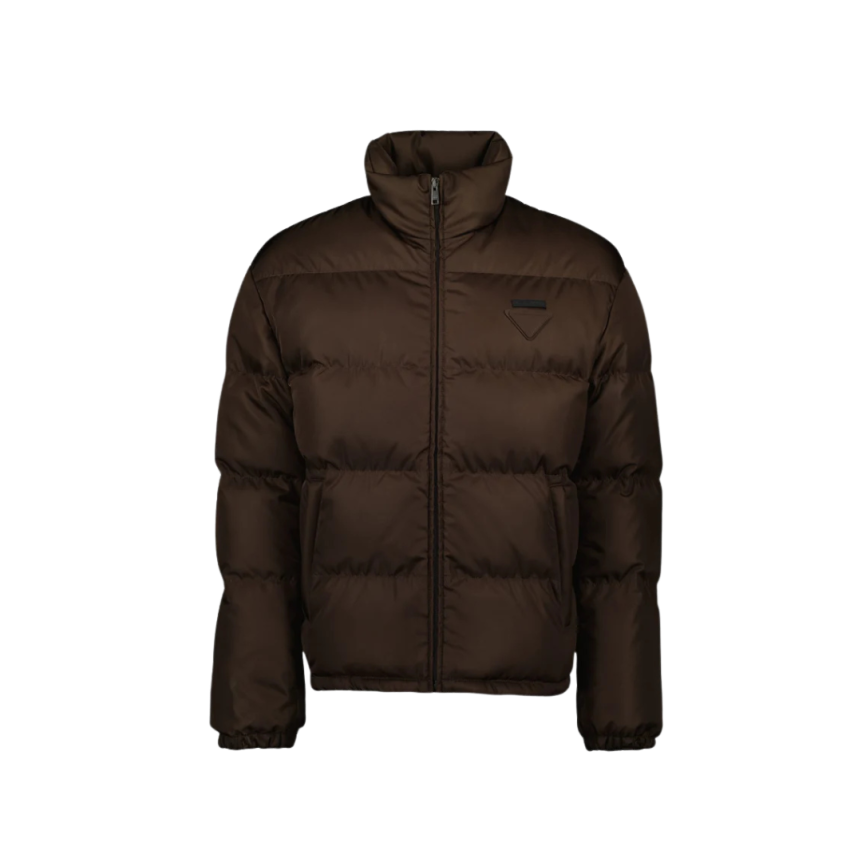 Doudoune zippée PRADA col montant Re nylon matelassé marron chocolat