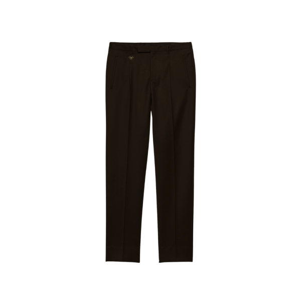 Pantalon ajusté PRADA laine vierge marron foncé logo triangle métal email