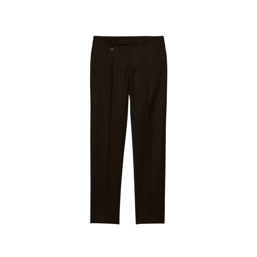 Pantalon ajusté PRADA laine vierge marron foncé logo triangle métal email