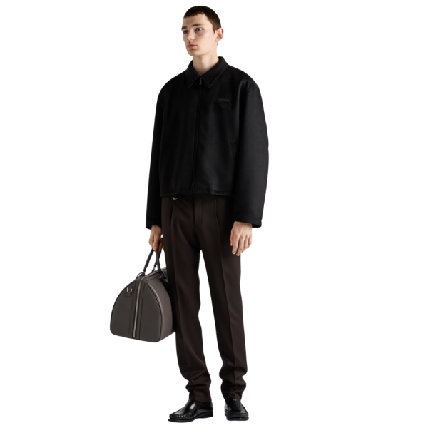 Pantalon ajusté PRADA laine vierge marron foncé logo triangle métal email