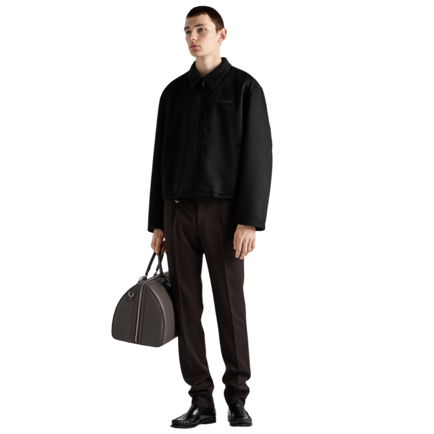 Pantalon ajusté PRADA laine vierge marron foncé logo triangle métal email