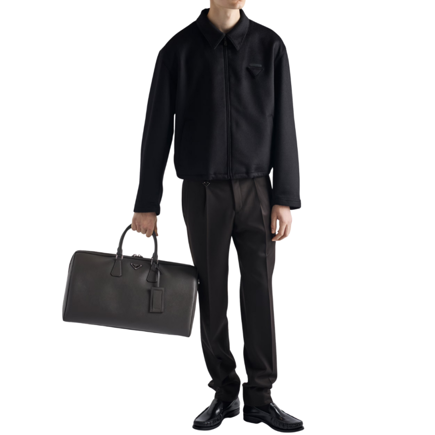 Pantalon ajusté PRADA laine vierge marron foncé logo triangle métal email