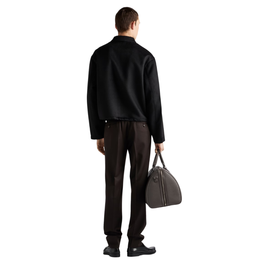 Pantalon ajusté PRADA laine vierge marron foncé logo triangle métal email