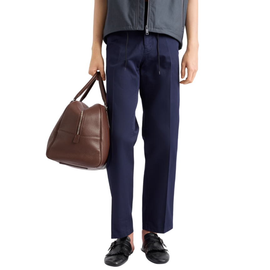 Pantalon large PRADA Chino coton bleu marine logo triangle poche arrière