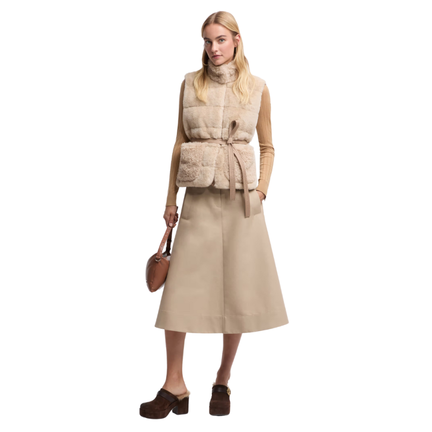 Jupe midi MONCLER évasée coton beige ceinture fente coté pression
