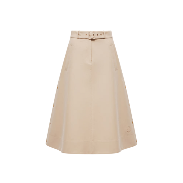 Jupe midi MONCLER évasée coton beige ceinture fente coté pression