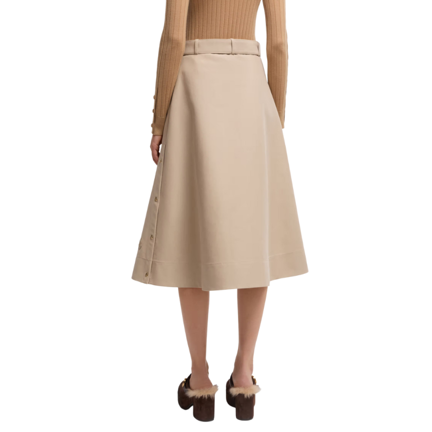 Jupe midi MONCLER évasée coton beige ceinture fente coté pression