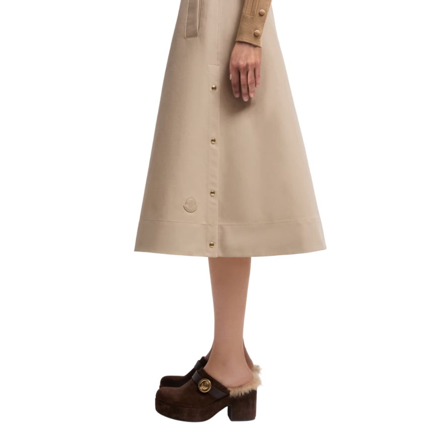Jupe midi MONCLER évasée coton beige ceinture fente coté pression