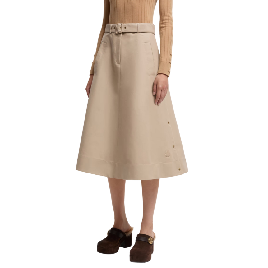 Jupe midi MONCLER évasée coton beige ceinture fente coté pression
