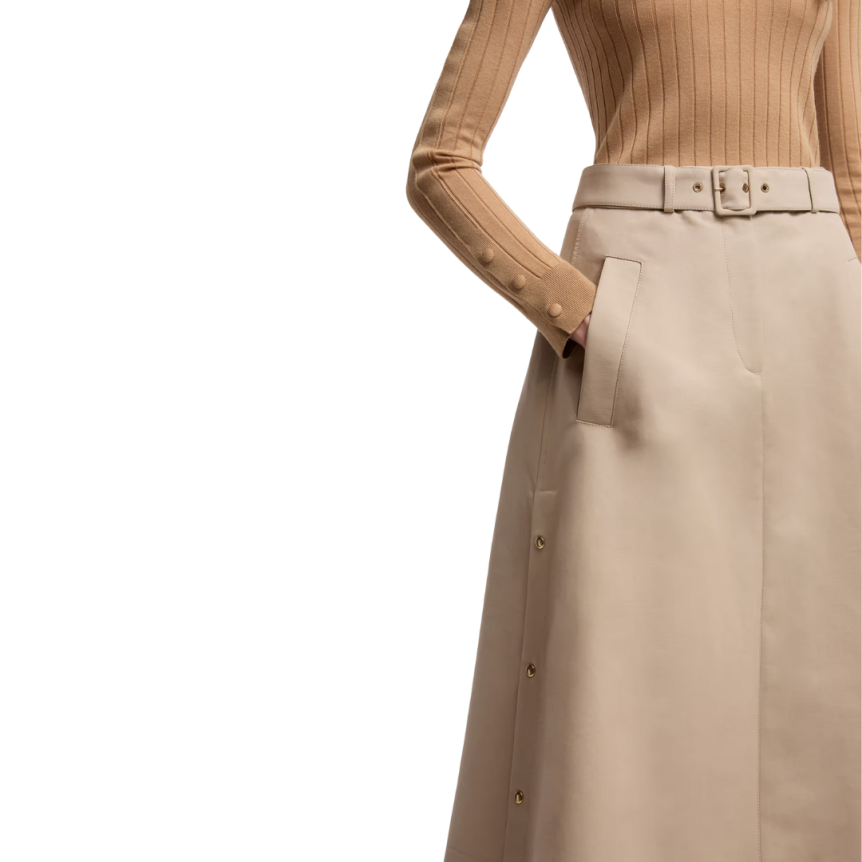 Jupe midi MONCLER évasée coton beige ceinture fente coté pression