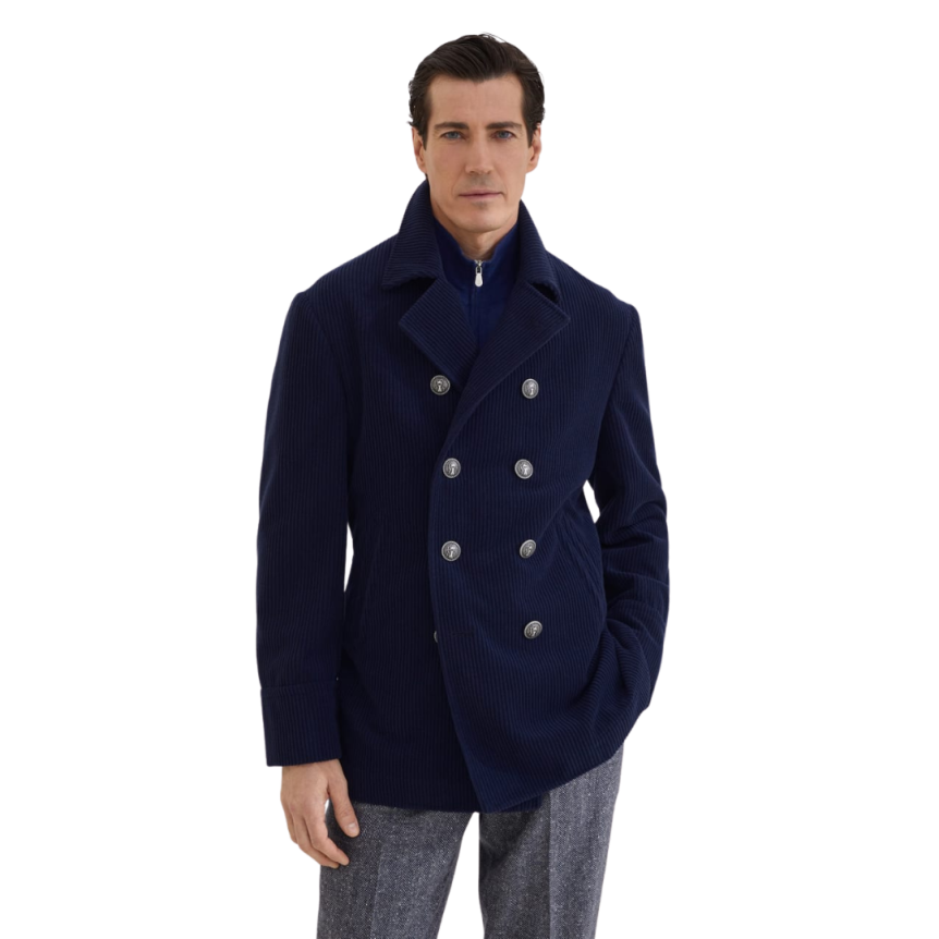 Caban BRUNELLO CUCINELLI velours cachemire large côte bleu marine bouton métal doré