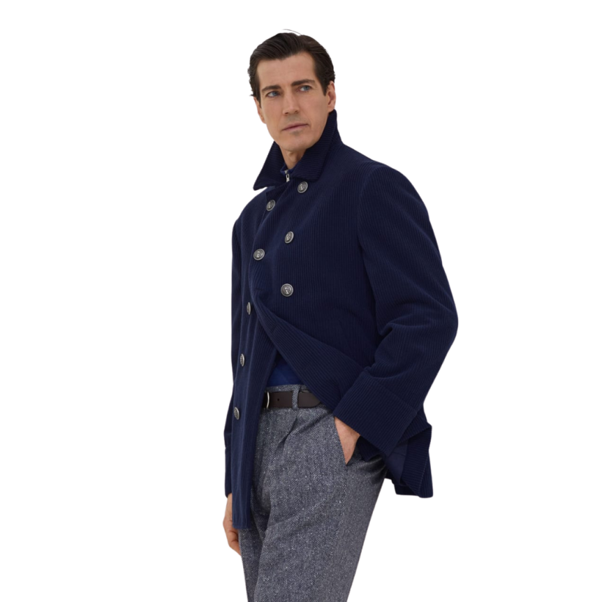 Caban BRUNELLO CUCINELLI velours cachemire large côte bleu marine bouton métal doré