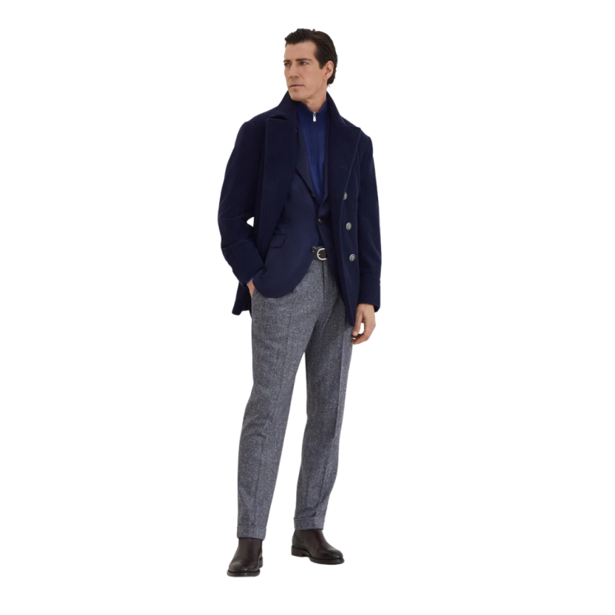Caban BRUNELLO CUCINELLI velours cachemire large côte bleu marine bouton métal doré