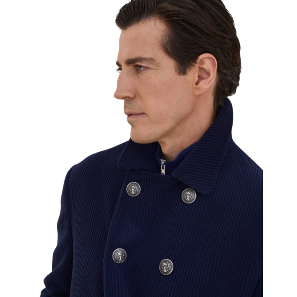 Caban BRUNELLO CUCINELLI velours cachemire large côte bleu marine bouton métal doré