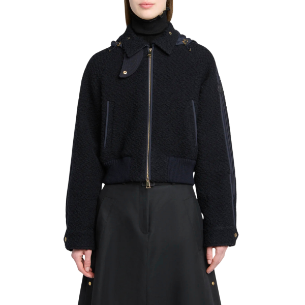 MONCLER Blouson bomber court Juvigny laine bouclée bleu marine doré