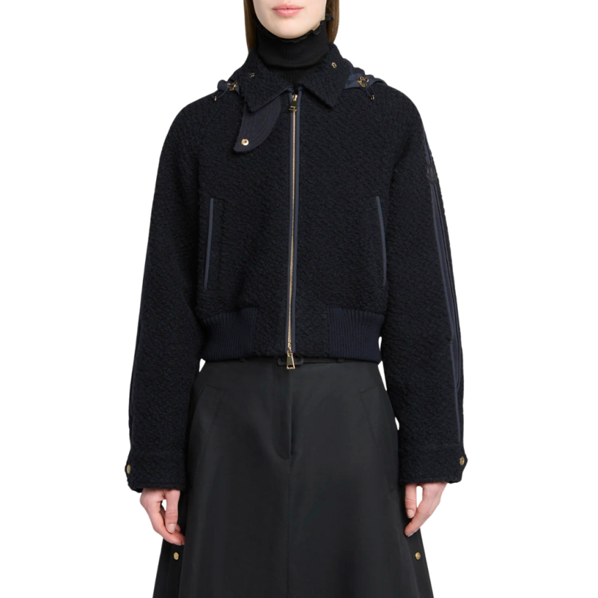 MONCLER Blouson bomber court Juvigny laine bouclée bleu marine doré