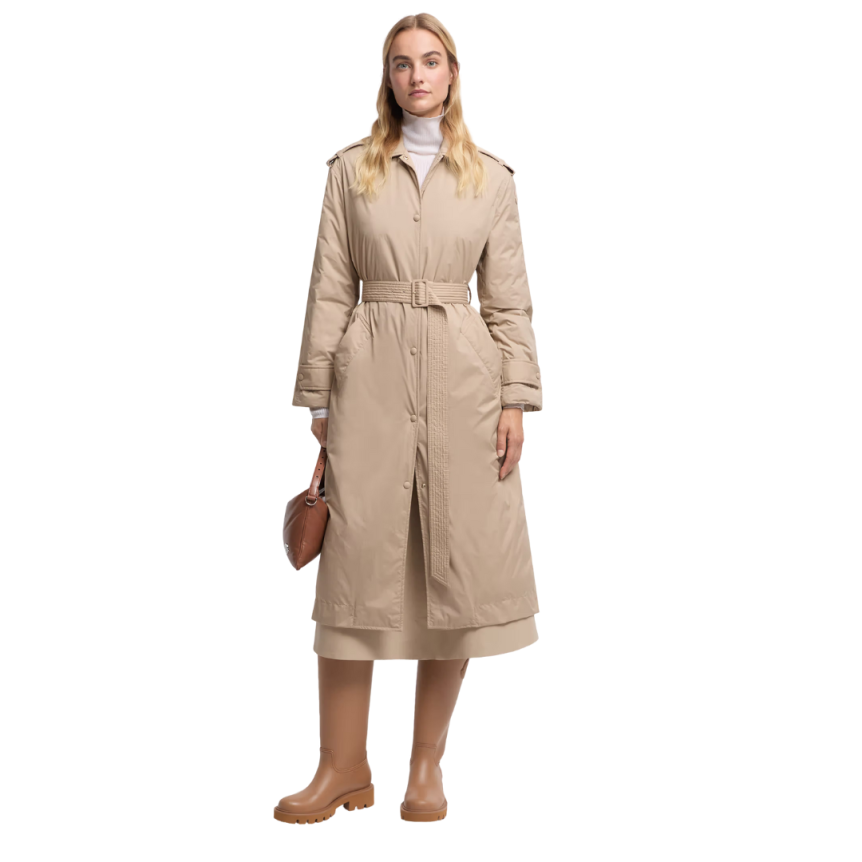 Trench-coat long MONCLER Yevre nylon duvet beige ceinture
